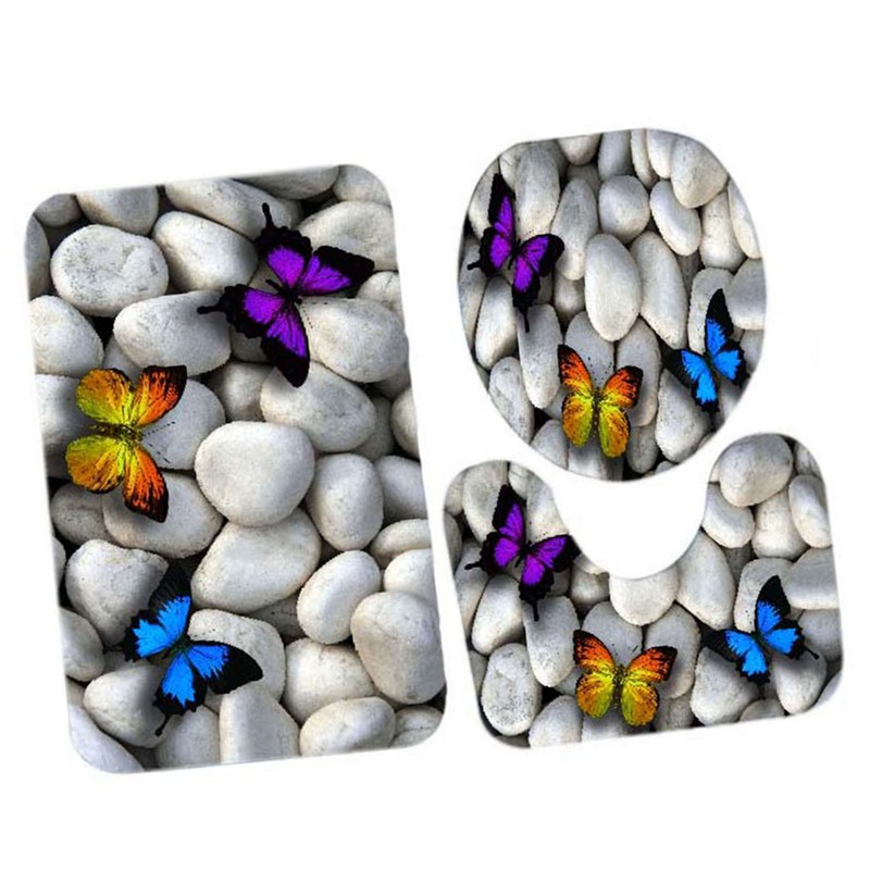 3pcs Toilet Seat Mat Set 10MM Sponge Butterfly Pebble Pattern