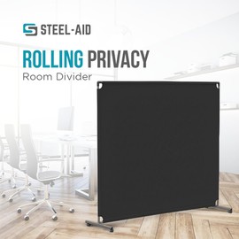 Steel-AID 72-inch Rolling Privacy Room Divider - Freestanding Office Wall Partition with Non See-Through Blackout Screen - Sturdy & Durable Iron Frame - Rolling Wheels - Black, White, Gray & Blue