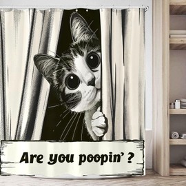 Yeoiat Funny Cat Shower Curtain, are You Poopin' Curious Kitty Whimsical Joke Humor Themed, Shower Curtain Set with 12 Hooks for Bathroom Decor (Black, 72"x72")