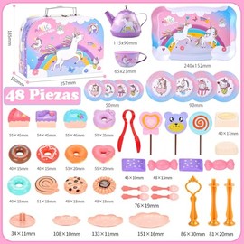 Juego de Te para Niñas, 48 Piezas Comida de Juguete, Juego de Trastes Niña con 6 Princesa Vestirse, Trastesitos, Platos, Postre y Estuche, Rol Infantil de Regalo para Niña 3 4 5 6 7 8 Años (Unicornio)