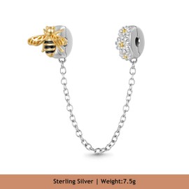 GNOCE Honey Bee Safety Chain Charm Sterling Silver Charm Fits Bracelet Necklace for Women Girls Wife Daughter Jewelry Gift