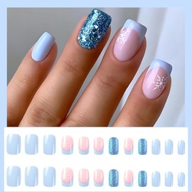 24Pcs Christmas Press on Nails Short Square Fake Nails Blue French Tip Glue on Nails with Glitter Design Snowflake Full Cover Stick on Nails Acrylic False Nails for Women Christmas Nails Decoration