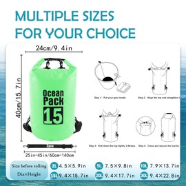 Dry Bag 15L, Boat Dry Bags Green Waterproof Bag Dry Sack Roll Top Long Adjustable Shoulder Strap 2L/5L/10L/20L/30L/40L for Drifting Boating Kayaking Fishing Rafting Swimming Camping Canoeing Surfing
