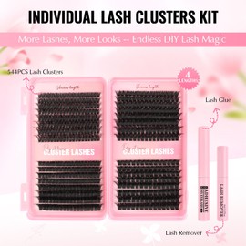 Silkiwinki Cluster Lashes Kit 544PCS Individuel Eyelashes with Lash Glue & Remover D Curl False Lashes 10-16MM for DIY at Home(60+100+120+150D)