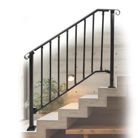 KUAFU 4-5 Step Hand Rail, Handrails for Outdoor Steps, 4-5 Steps Adjustable Outdoor Garden Railing for Stairs Black Steel Powder Coated Heavy Duty