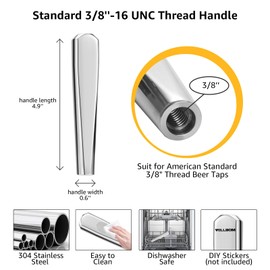 2PCS Stainless Beer Tap Handle, Mini Beer Keg Tap Handle Standard 3/8" Thread Beer Tower Tap Handle, Rust Moisture Proof Beer Faucet Handle Kegerator Tap Draft Beer Dispenser Nitro Stout Faucet Handle