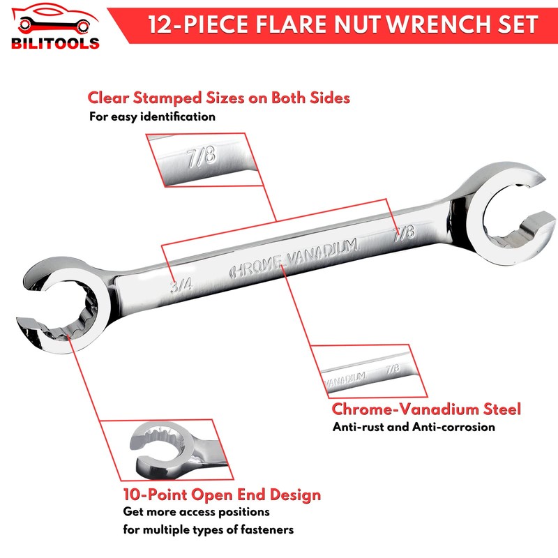 BILITOOLS 12-Piece Flare Nut Wrench Set, Metric & Standard, 12-Point