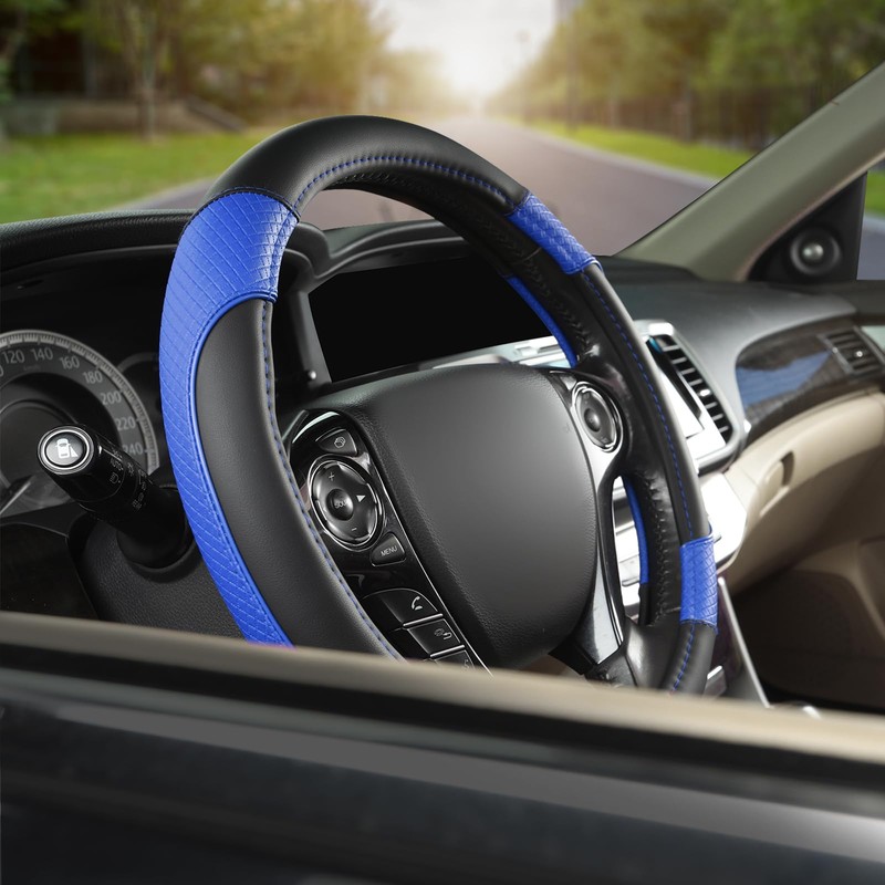 GIANT PANDA Microfiber Leather Steering Wheel Cover for Honda Accord,Civic,CR-V,HR-V,Pilot(Diamond-Pattern-Black+Blue-Standard