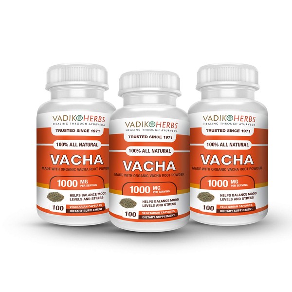 Vadik Herbs Certified Organic Vacha (Rhizome) (Acorus Calamus) Powder 3 Bottles Capsules | Recommended as a Brain Tonic, which Improves Memory