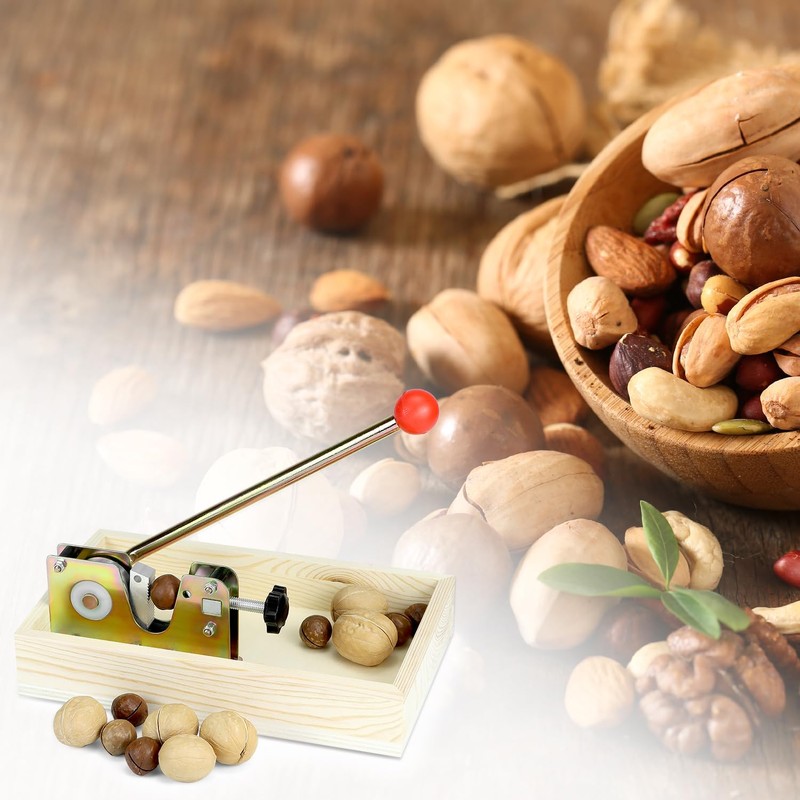QWORK Nut Cracker with Wooden Base, Includes 4 Stainless Steel