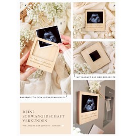 Joli Coon Pregnancy Announcement with Wooden Frame for the Ultrasound Image and Magnetic Back - We Have Heart Palpitations - Picture Frame Ultrasound Image in Polaroid Style