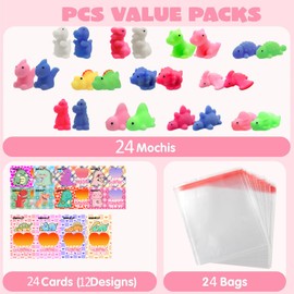 ONKULL 24 Packs Valentines Day Squishy Toy Gift Cards for Kids, Kawaii Mochi to Squeeze with Cards, Mochi Squishy Toy Stress Relief Fidget Toy for Kids Classroom Exchange Prizes Valentine Party Favor