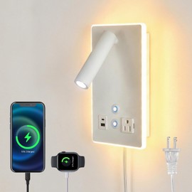 CNMYKYDS Dimmable Plug in Wall Sconce with Touch Switch,Headboard Bedside Wall Lamp,Multifunction Wall Light with USB C+A Ports,Adjustable Wall Mounted Reading Light,3 Color Temperature(White)