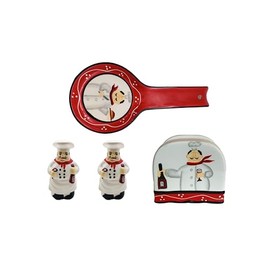 ACK Tuscany Colorful Plump Bistro Chef Hand Painted 4PCs Table/Stove Top Set, Pepper/Salt Shakers,Napkin Holder and Spoon Rest, Kitchen Décor