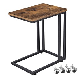 VASAGLE End Table, Side Table, TV Tray, C Shaped Snack Table with Metal Frame, Rolling Casters, Industrial, for Living Room, Bedroom, Rustic Brown and Black ULNT50X