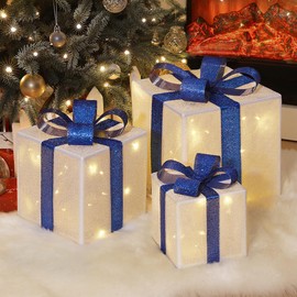 Christmas Lighted Gift Boxes, 3 PCS Outdoor Indoor Christmas Decorations with Remote Control, USB Plug in Present Decoration, Xmas Holiday Decor for Home Porch Lawn, Silver & Blue Bow