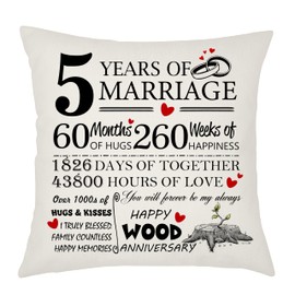 5th Wedding Anniversary Wood Anniversary Cushion Cover - Gift for Wife or Husband - 5 Years of Marriage Keepsake Present - Elegant 45x45cm Pillow Case (5 Years of Marriage)