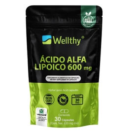 Wellthy Ácido Alfa Lipoico 600mg en SOLO UNA CÁPSULA. 30 Dosis Completas, NON GMO, Vegan Friendly, VCaps Técnologia Cápsulas Veganas, Bottle Free.