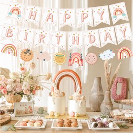 Fangleland Bohemian Rainbow Happy Birthday Banner for Girls, Bohemian Party Decoration for 1st 2nd 3rd Birthday