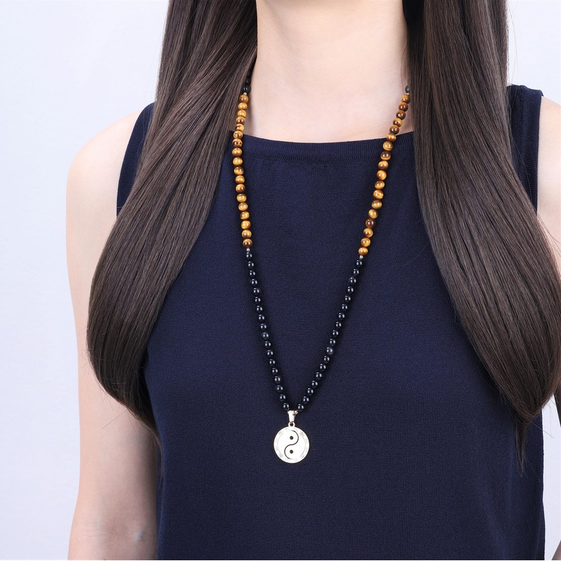 COAI 108 Mala Necklaces Ying Yang Pendant, Obsidian Tiger's Eye