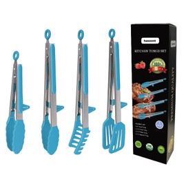 4 Pack Silicone Kitchen Cooking Tongs Set, Stainless Steel Nonstick Food Tong with BPA Free Silicone Tips for Serving Pasta Spaghetti Steak Pie Pizza Salad Vegetable Fruit Grilling BBQ Buffet 9" & 12"