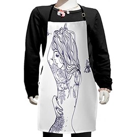Ambesonne Fashion Apron, Young Girl Tattoos Butterflies Free Your Soul Inspired Hair Feminine, Small Apron Bib with Adjustable Ties for Baking Painting, Small Size, Purple White