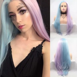 AFBeauty Pink Blue Mermaid Wigs for Women Long Straight Half Pink Half Blue Wig Synthetic Lace Front Wig Heat Resistant Fiber Premium Cosplay Wig 24inch