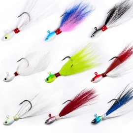 Dr.Fish 3 Pack Bucktail Jig Fluke Lure Pompano Hair Jig 3D Eyes Holographic Body Sharp Hook White Red Yellow Bass Flounder Striper Bluefish Halibut Surf Fishing Saltwater 1/2oz, 1oz, 2oz, 4oz, 6oz