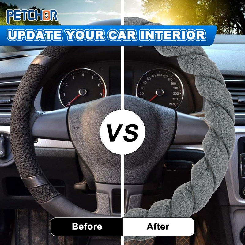 PETCHOR Twisted Fur Grey Soft Steering Wheel Cover, Fluffy Car