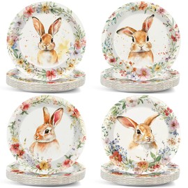 Justforjoyful 48PCS Easter Paper Plates 7Inch, Happy Easter Party Supplies Vintage Bunny Dessert Plates Disposable Floral Rabbit Dinnerware for Spring Baby Shower Wedding Birthday Party Decor
