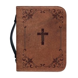 Talayituse Cross Floral Print Bible Covers for Women Men PU Leather Bible Case Bible Bag Tote Book Carrying Case Christian Bible Accessories with Handle, Brown, 2XL
