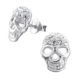 Skull Head Earrings - Sterling Silver with Crystal Stones
