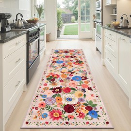 Rug for Hallways Kitchen Rug 2x6, Non Slip Washable Rugs with Rubber Backing Soft Floral Carpet Runner for Hallways, Kitchen, Laundry, Bedroom, Bathroom (2 x 6, Beige-Pink Garden)