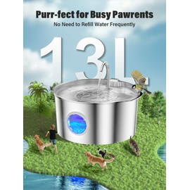 3.4Gal Dog Water Fountain for Large Dogs, Extra Large Stainless Steel Pet Water Fountain, Round Dog Water Bowl Dispenser with Metal Handle, Water Level Window, Supet Quiet Pump for Multi Pet Home