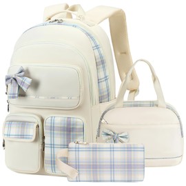 Girls Backpack,3pcs Backpacks with Lunch Box Pencil Case Set 15.6 Inch Laptop School Bag Kids Kindergarten Elementary College Bags Large Bookbag for Teen Women Students Casual Travel Daypacks Beige