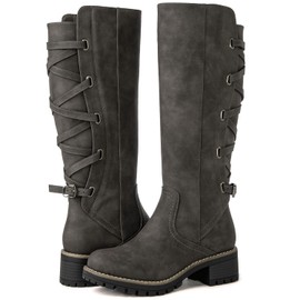 GLOBALWIN Women's Strappy Motorcycle Knee High Boots, Wide Calf Riding Boots Back Lace Up Fall Winter Fashion Knee High Boots For Women Gray 11M