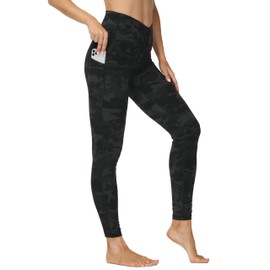 THE GYM PEOPLE Women's Cross Waist Workout Leggings Tummy Control High Waisted Athletic Yoga Pants with Pockets Black Camo