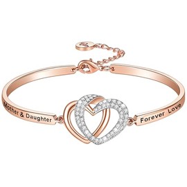Aihitero Christmas Mother Daughter Gift, ‘Mother Daughter Forever Love’ Interlocking Hearts Bangle Bracelet, Women Girl Rose Gold Jewelry, Birthday Valentines Xmas Presents from Mum Mama Mommy Mom