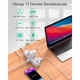 Power Bar Surge Protector - 9 Outlets 2 USB Ports 1 USB C,3 Sided 10Ft Braided Extension Cord,Flat Plug Wall Mount Wall Outlets Extender Desktop Charging Station for Home,Office