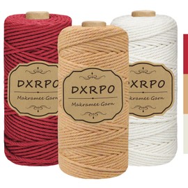 DXRPO Premium Macrame Yarn Set, 3 Pieces 3 mm x 100 m Macrame Cord, Cotton Yarn Macrame Yarn for DIY Crafts, Hanging Plants, Christmas, Boho Decoration (Natural, Brown, Dark Red)