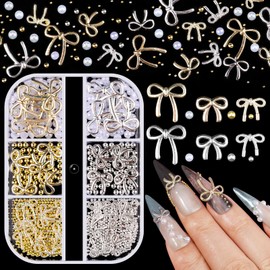 3D Metal Bow Nail Charms and 3mm Half Pearls - Gold Silver Caviar Beads Cute Bowknot Designs Nail Art Rhinestones Manicure Supplies for Women DIY Professional Decorations (Set 4)