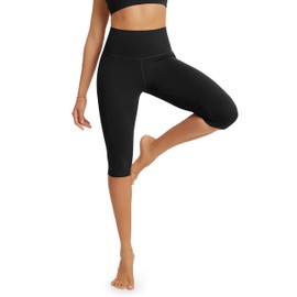 ODODOS Buttery Soft Lounge Yoga Capris for Women 14" High Waist Knee Length Leggings, Black, Medium