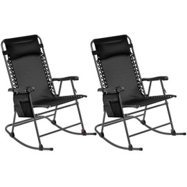 Yaheetech 26in Rocking Chair Outdoor Zero Gravity Folding Chairs Rocking Chairs Foldable Outdoor Lounge Chair for Outside Lawn with Cupholder/Pillow Ergonomic Design for Rest, Black, Set of 2