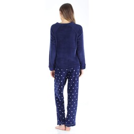 PajamaMania Women's Fleece Long Sleeve Pajama PJ Set, Navy and White Polka Dot, X-Small