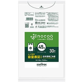 Nippon Sanipak nocoo HD+CC CHT44 Trash Bags with Handle, White, Translucent, 30 Sheets, 0.02, Capacity Notation, 11.9 gal (45 L), Handle Included