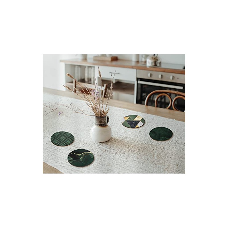 4 x Round Art Deco Coasters - Green Agate Marble