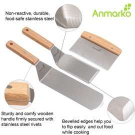 Anmarko Professional Griddle Spatula Set - Stainless Steel Metal Spatula and Griddle Scraper - Heavy Duty Commercial Grade