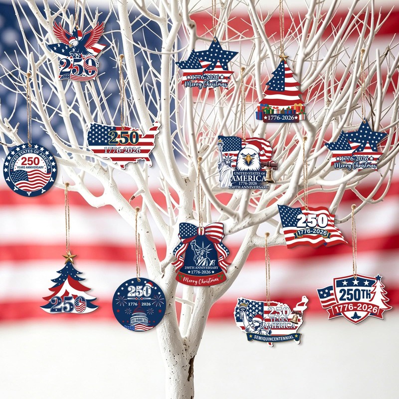 24 Pcs 250th Christmas Wooden Ornaments Red White Blue Tree