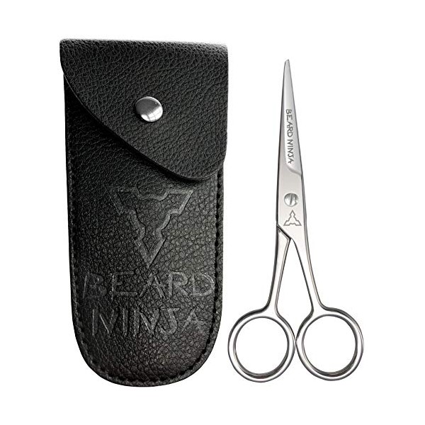 BEARD NINJA - Professional beard scissors for men. Mustache & Beard trimming scissors +PU Leather case. Sharp shears for shaping/cutting of mustaches, nose hair, trim eyebrow. Add to grooming kit.