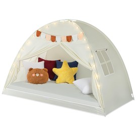 YCDTMY Twin Size Bed Tents Indoor with Stars Lights & Flags, Large Kids Tent Portable & Foldable, Toddler Bed Tent for Boys Girls, Breathable Blackout Privacy Space Sleeping Tents, Beige